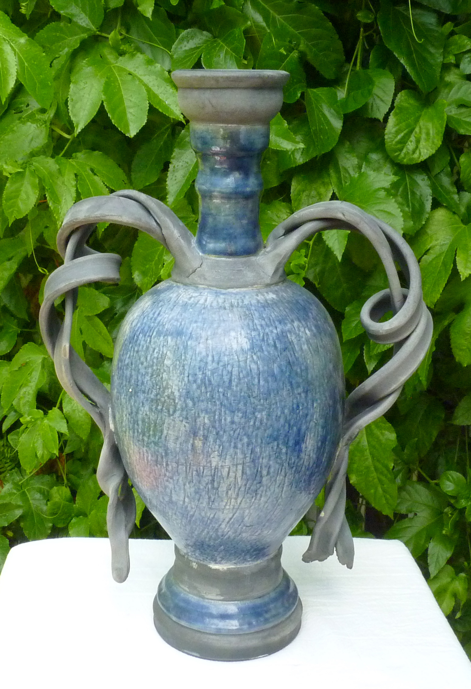 Raku, Tall Vase with Double Twisted Handles